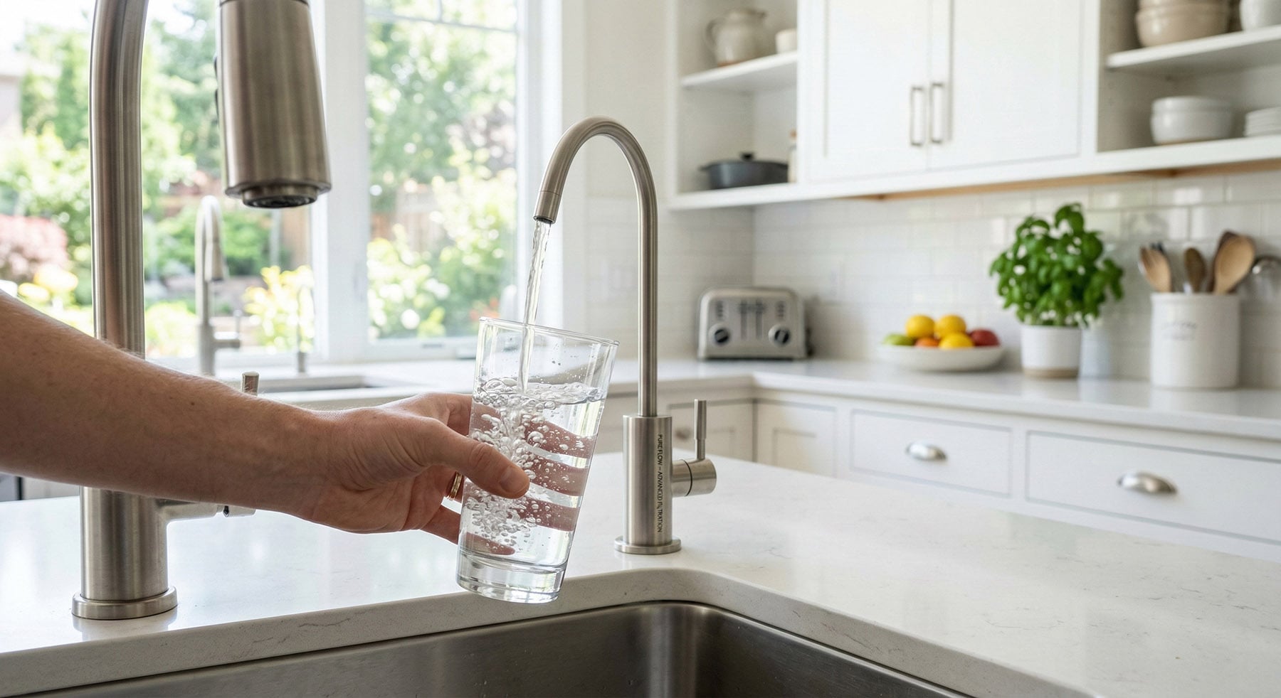 A hand with a wedding ring holds a clear glass under a smaller, dedicated faucet to fill it with filtered drinking water.