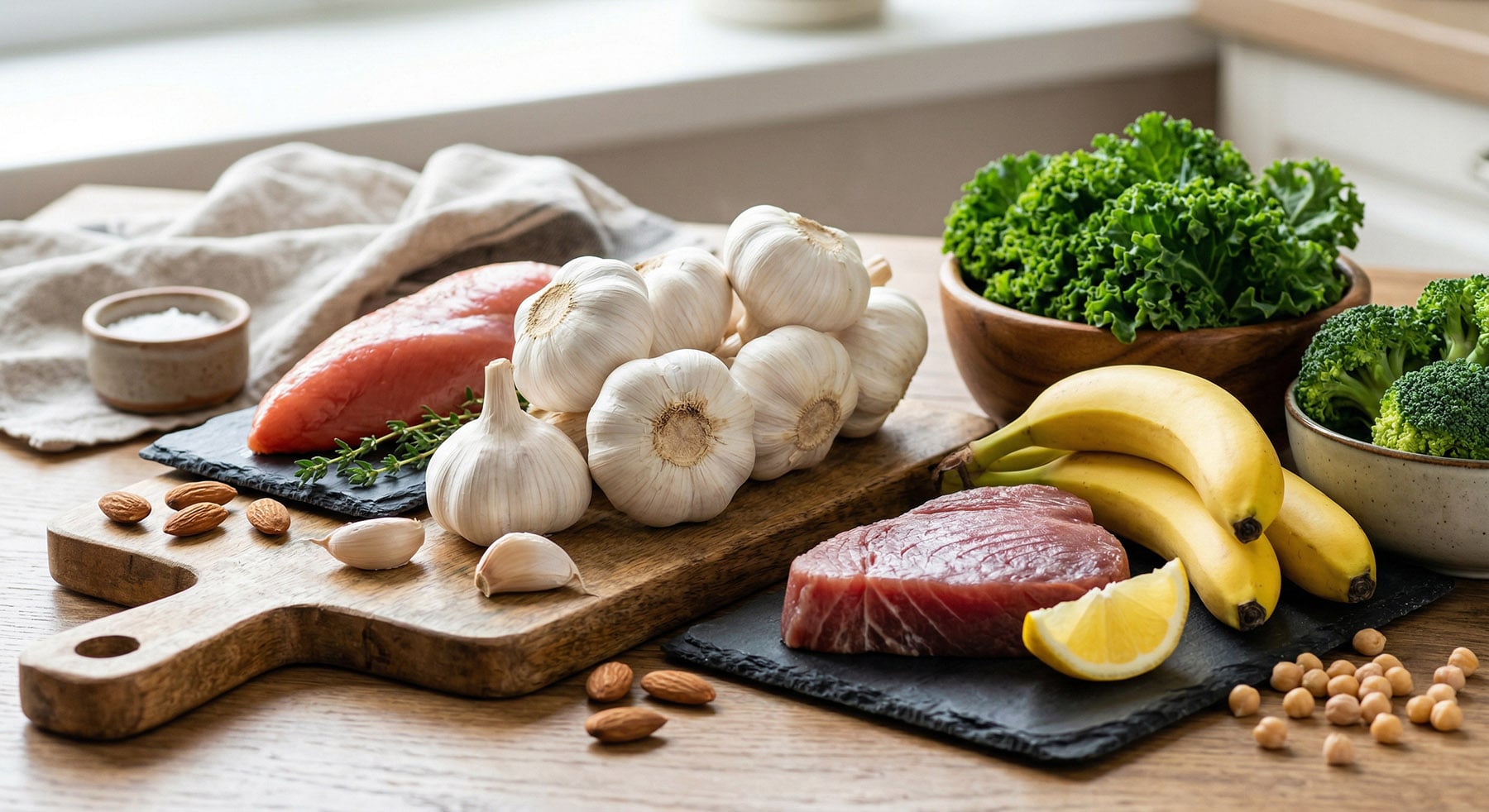 An assortment of fresh, raw food ingredients, including bulbs of garlic on a wooden board, chicken breast, tuna steak, bananas, and a bowl of kale, arranged on a kitchen counter.
