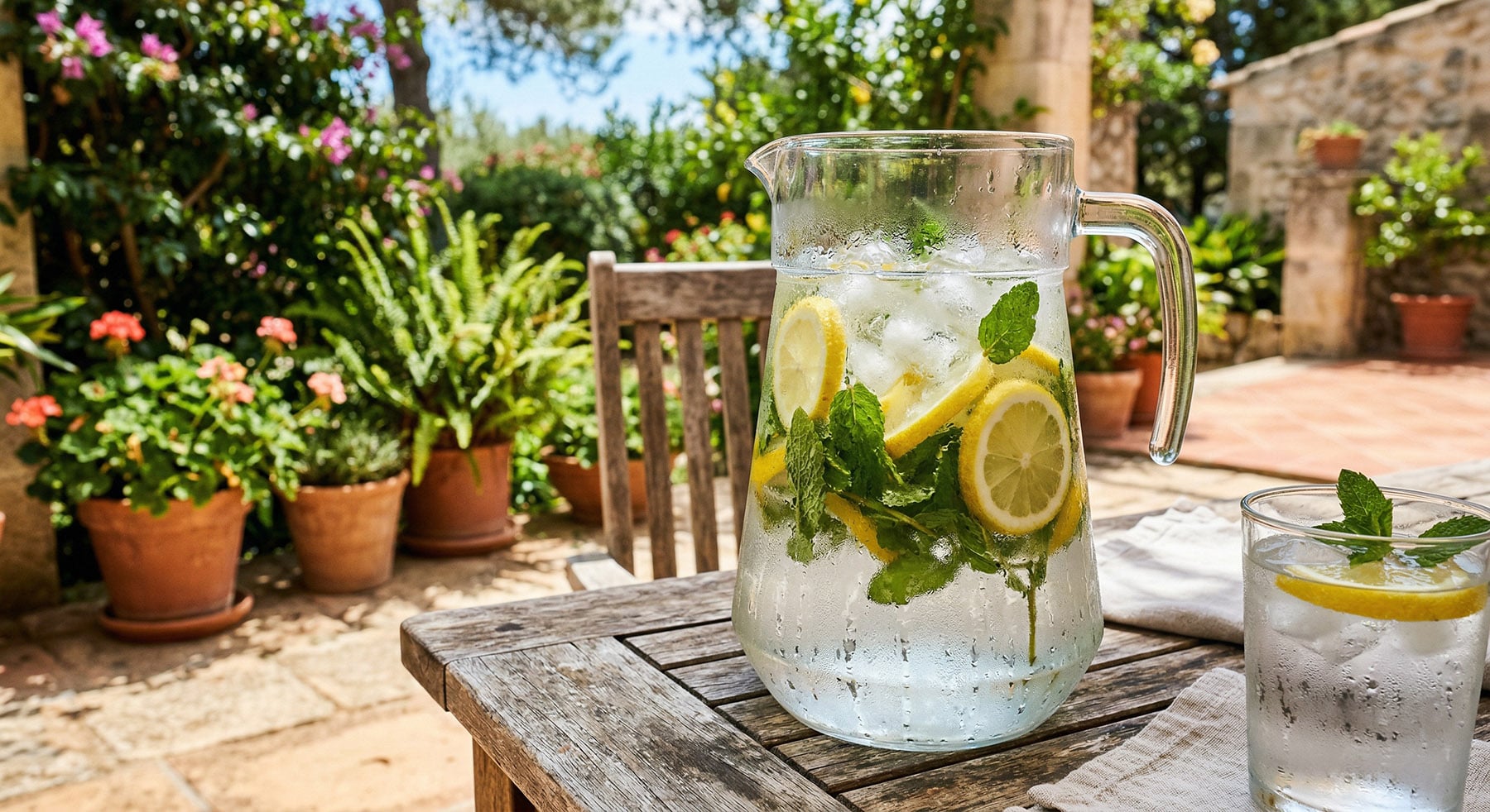 A condensation-covered glass pitcher of ice water with lemon slices and mint.