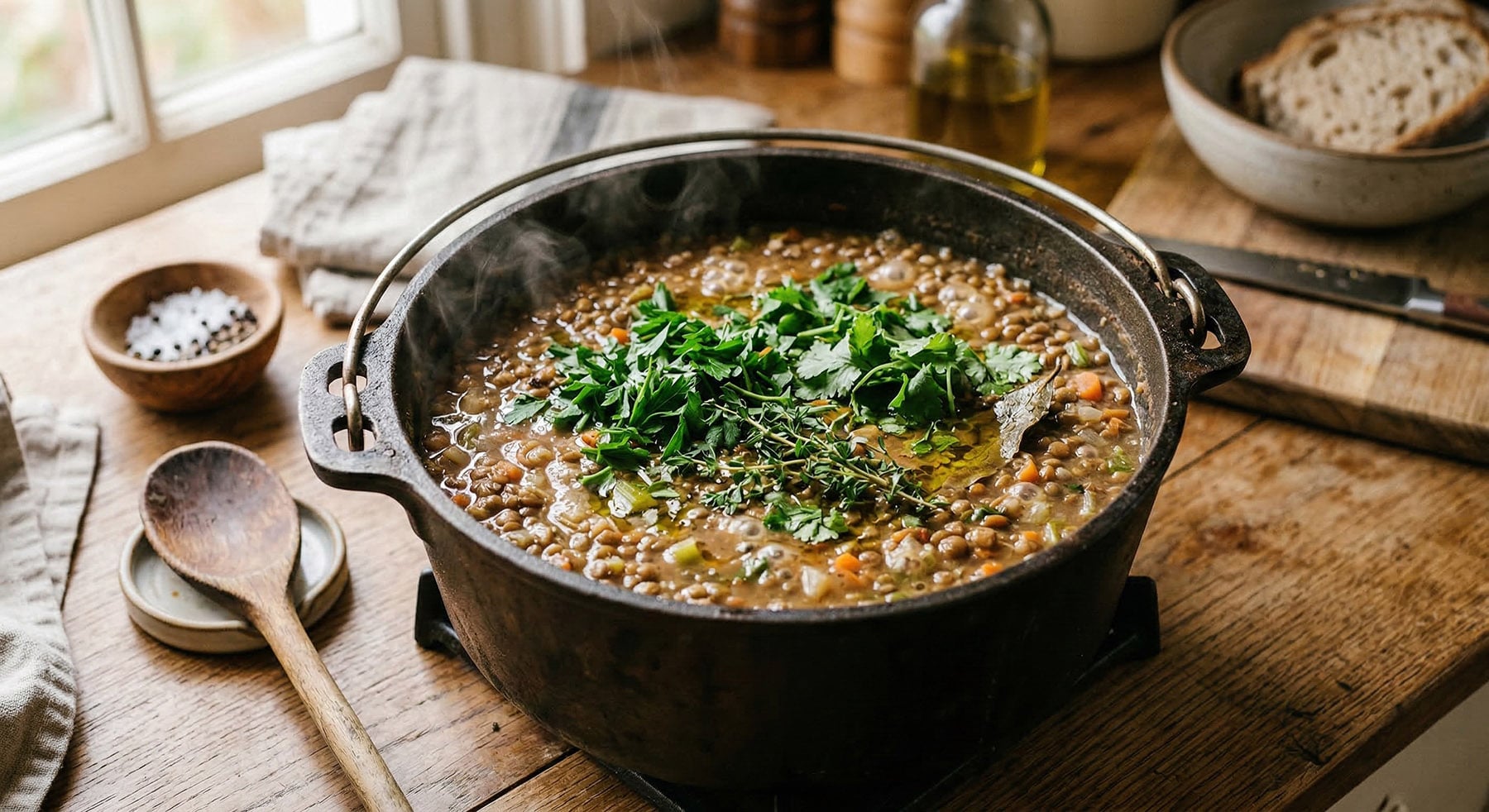 A rustic cast-iron pot on a stovetop, filled with steaming lentil stew topped with fresh green herbs and a bay leaf.