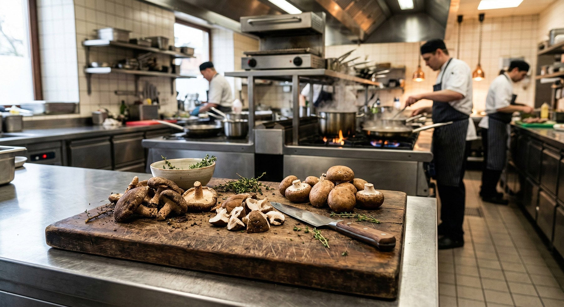 A rustic wooden cutting board laden with fresh shiitake and button mushrooms and a chef's knife in the foreground of a busy professional commercial kitchen with chefs working.