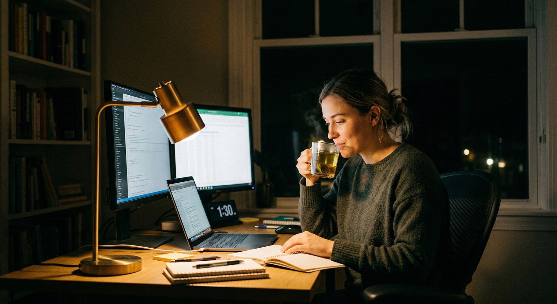 A woman drinks from a mug while working at a multi-monitor desk at night.