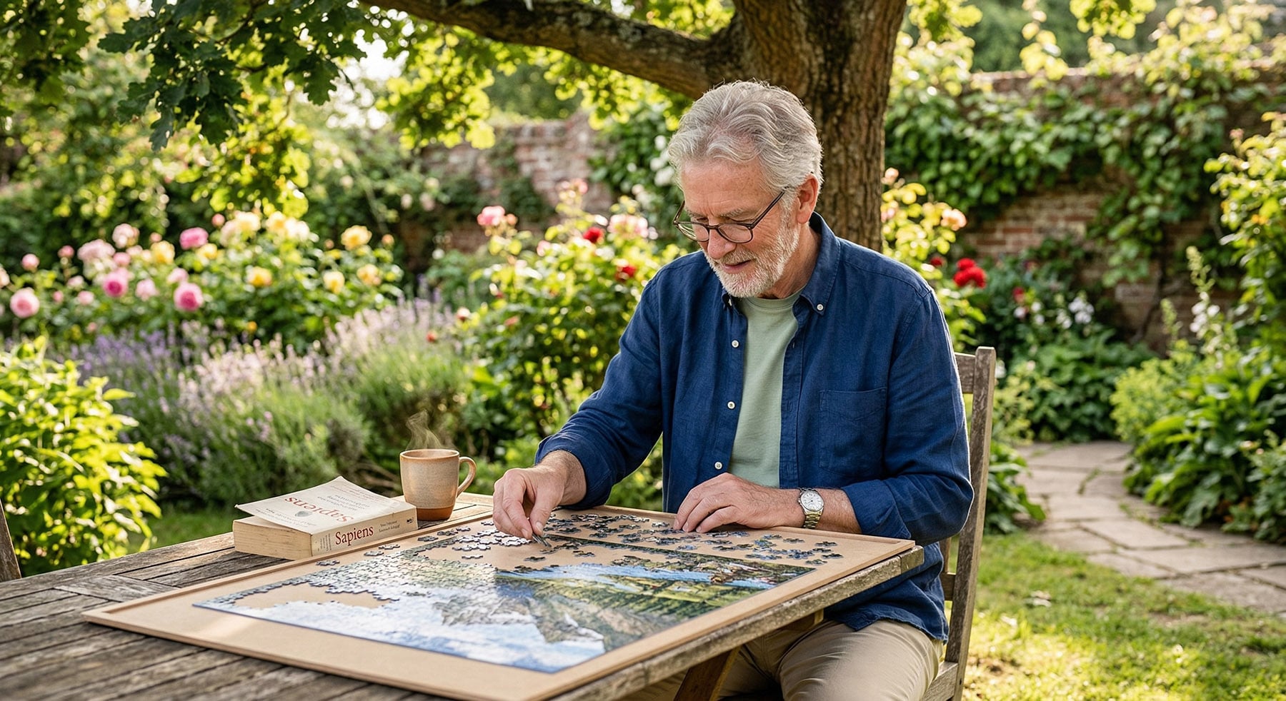 An older man with gray hair and glasses sitting at a wooden table in a sunlit garden, focused on assembling a jigsaw puzzle.