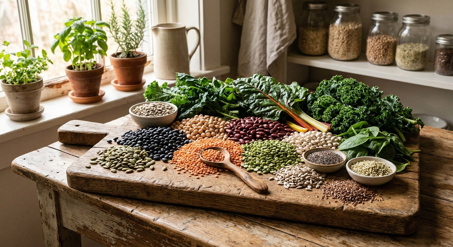 A rustic wooden cutting board overflowing with colorful mounds of sorted legumes, seeds, and fresh leafy green vegetables.