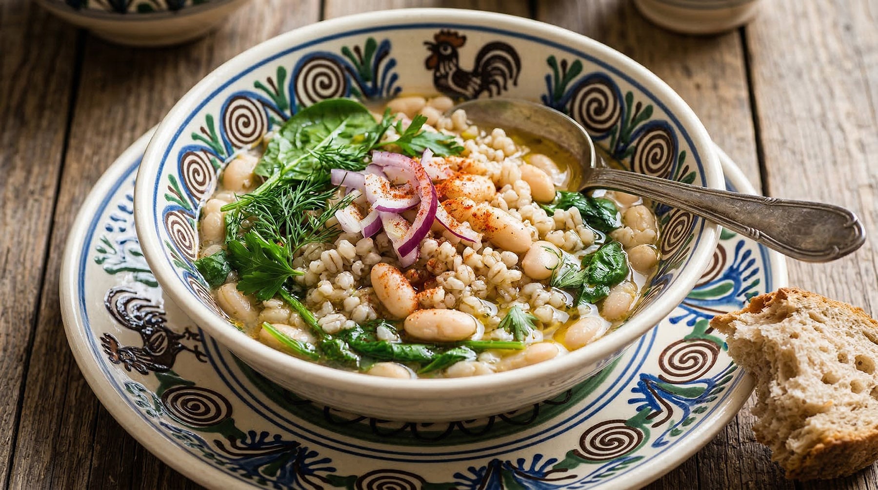 A ceramic bowl of hearty white bean and barley soup topped with greens, red onion, and herbs, served on a patterned plate with a spoon.