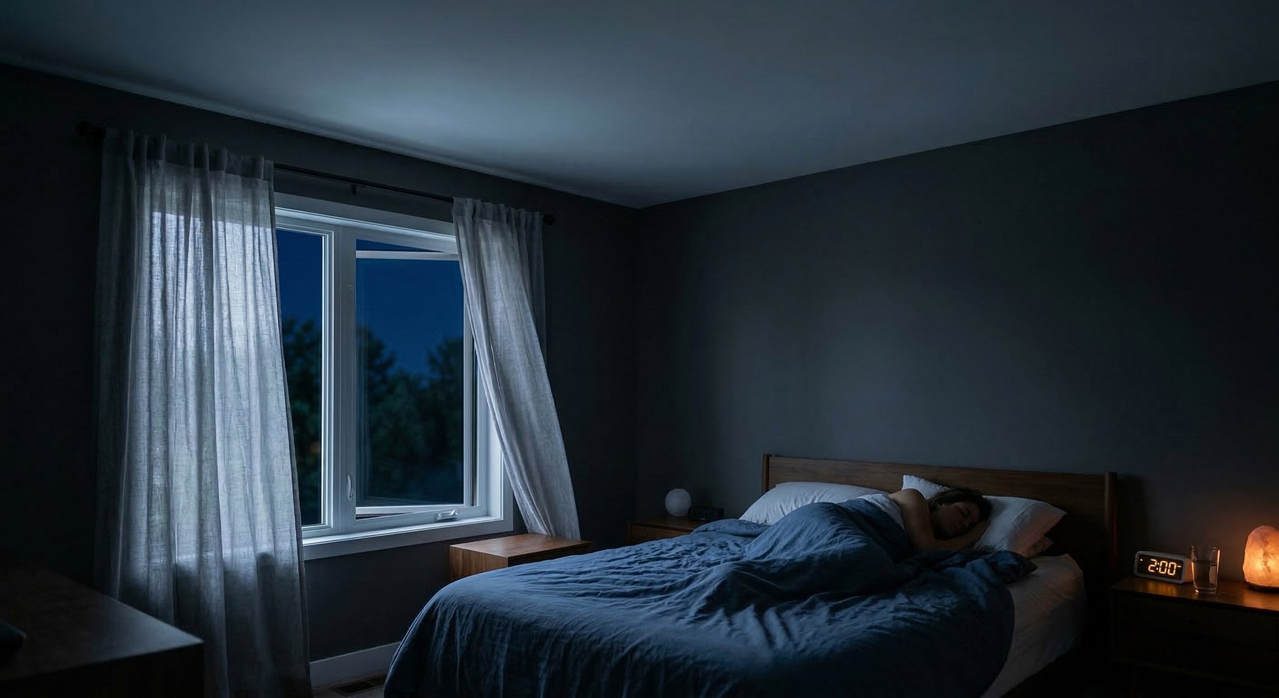 Person sleeping in a dimly lit bedroom at night.