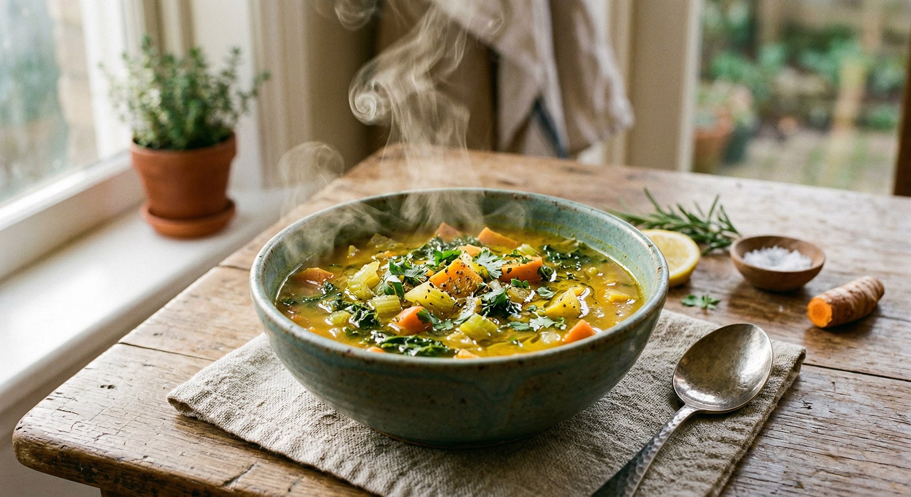 A rustic bowl of steaming vegetable soup on a wooden table.