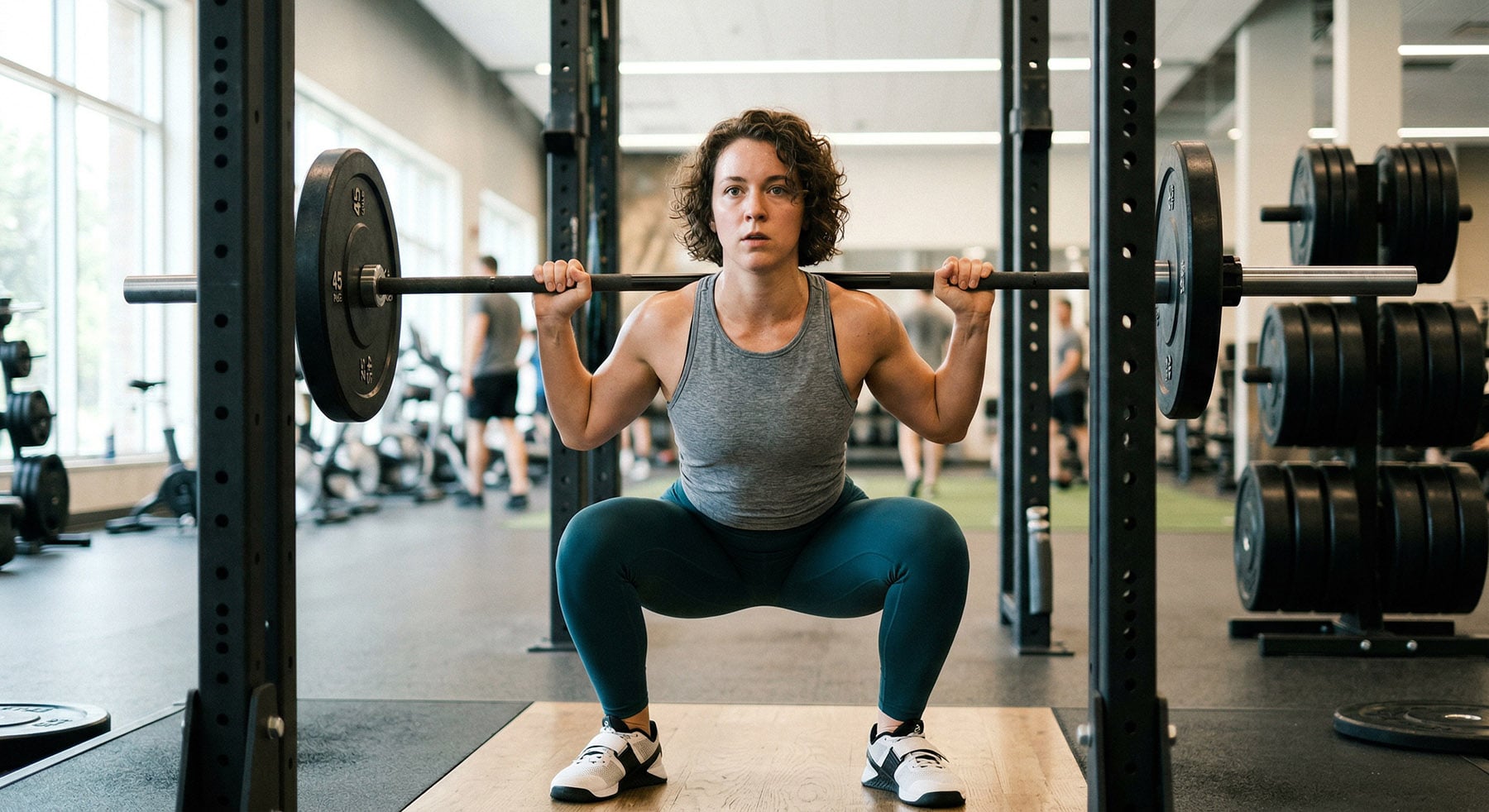A muscular woman with curly hair performing a deep barbell back squat inside a power rack on a wooden platform at a gym.