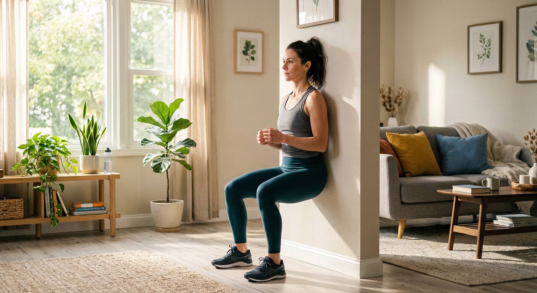 A woman in athletic wear performing a wall sit exercise against a wall in a sunlit living room.
