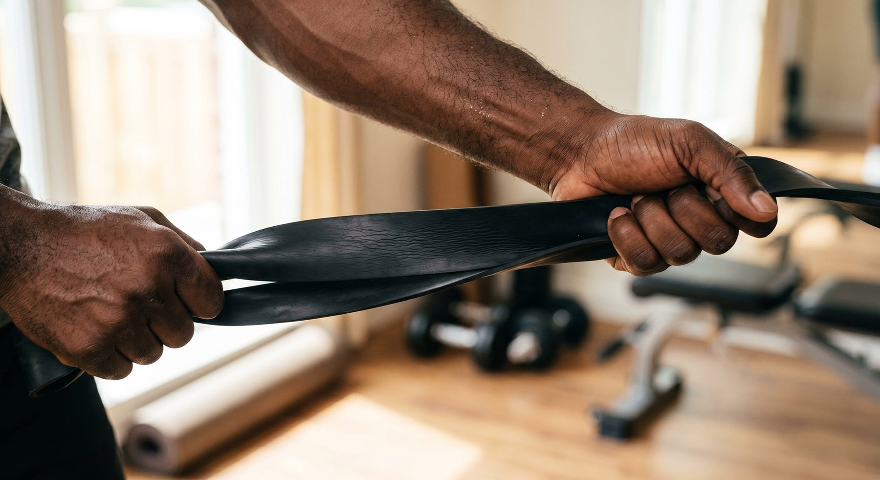 A close-up of dark-skinned, muscular hands stretching a taut black resistance band.