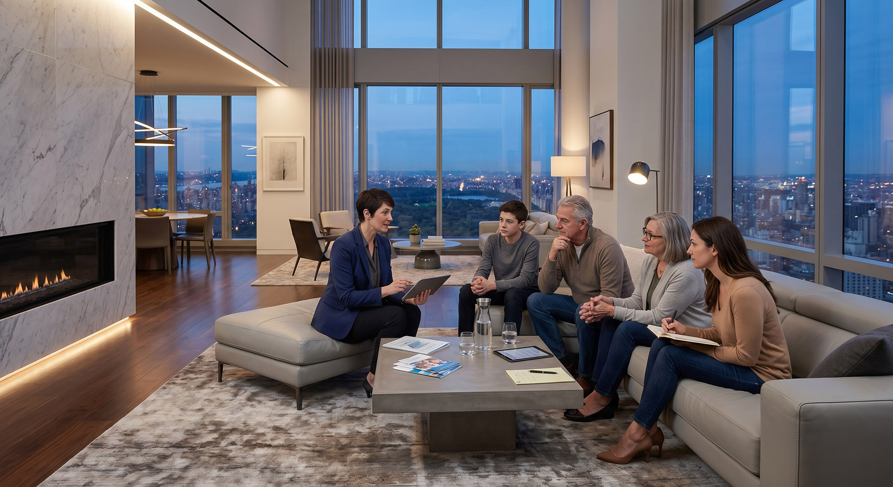 A professional woman in a suit uses a tablet to present to a family of four in a luxury high-rise apartment at dusk, with floor-to-ceiling windows overlooking a city skyline and park.