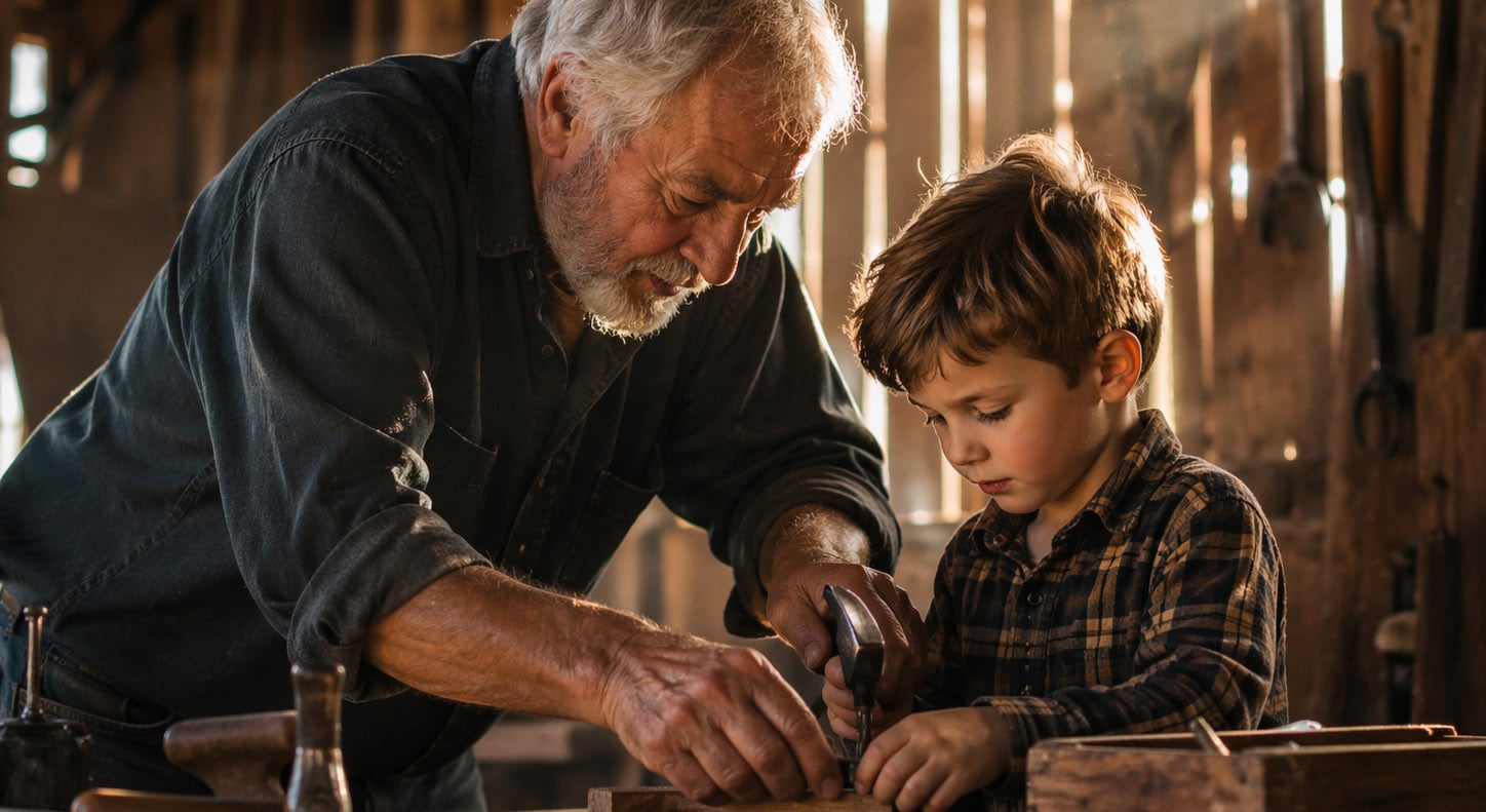An older man mentors a young boy at a woodworking bench in warm late-afternoon light.