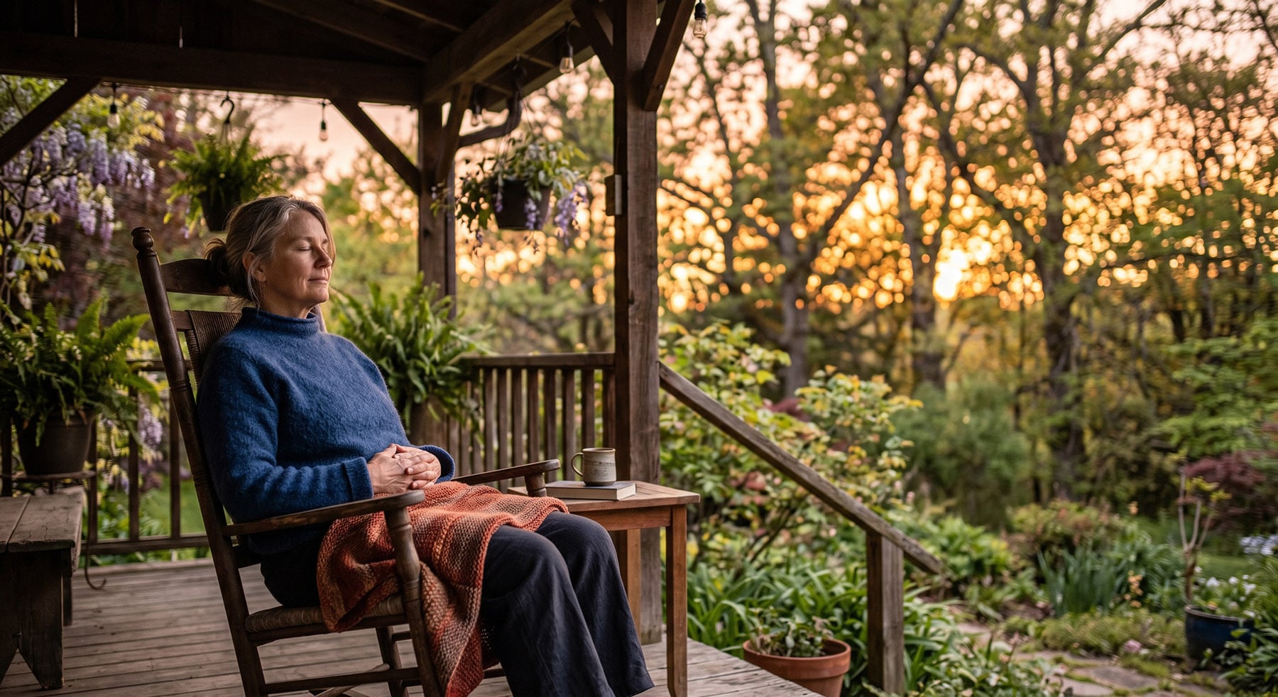 An older woman with grey hair sits in a rocking chair on a covered porch, eyes closed, wrapped in a textured orange blanket, with a forest in the background.