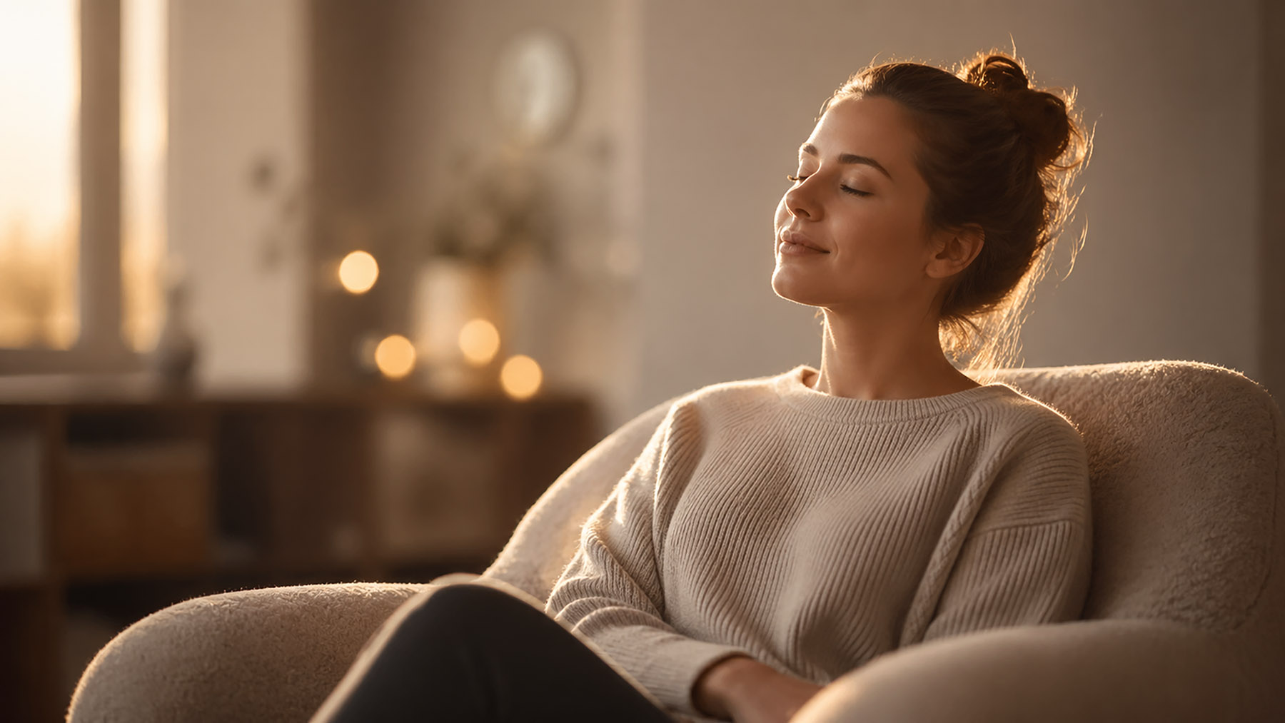 Person resting peacefully in a soft armchair with eyes closed, warm light, and a cozy blurred background.