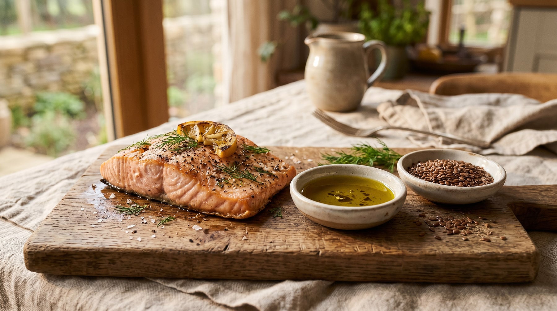 A cooked salmon fillet with lemon and dill on a rustic wooden board.