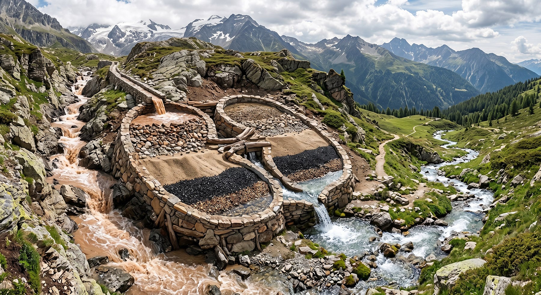 A detailed view of an alpine terraced stone water filtration system built into a rugged mountainside, purifying a muddy stream into clean water.