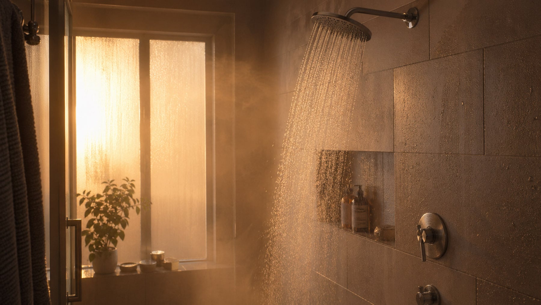 A warm, steamy shower running in a clean tiled bathroom with golden light through frosted glass.
