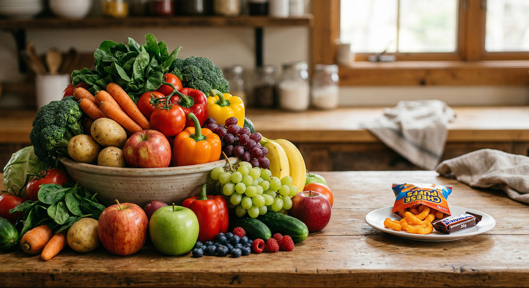 A large, overflowing bowl of fresh fruits and vegetables rests on a wooden table next to a plate holding a bag of cheese puffs and a candy bar.
