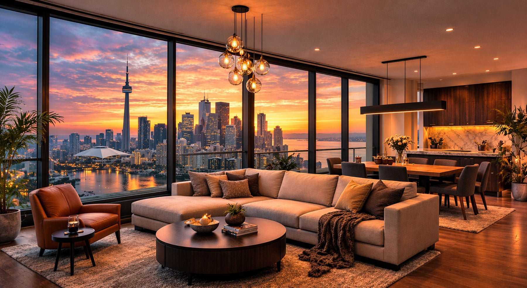 Wide-format image of a modern high-rise living room with floor-to-ceiling windows overlooking a city skyline at sunset.