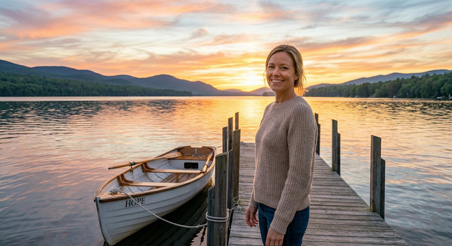 Smiling woman on a wooden dock next to a rowboat named "HOPE" at sunset over a mountain lake.