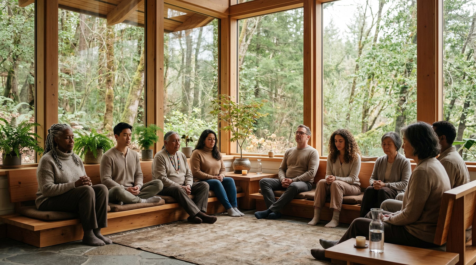 A diverse group of people sitting in a wide circle, meditating or in quiet reflection, on a wooden platform in a large room with floor-to-ceiling windows overlooking a forest.
