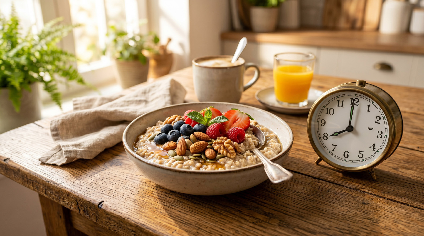 A bowl of oatmeal with fresh berries and nuts on a sunlit wooden table next to an alarm clock, coffee, and orange juice.