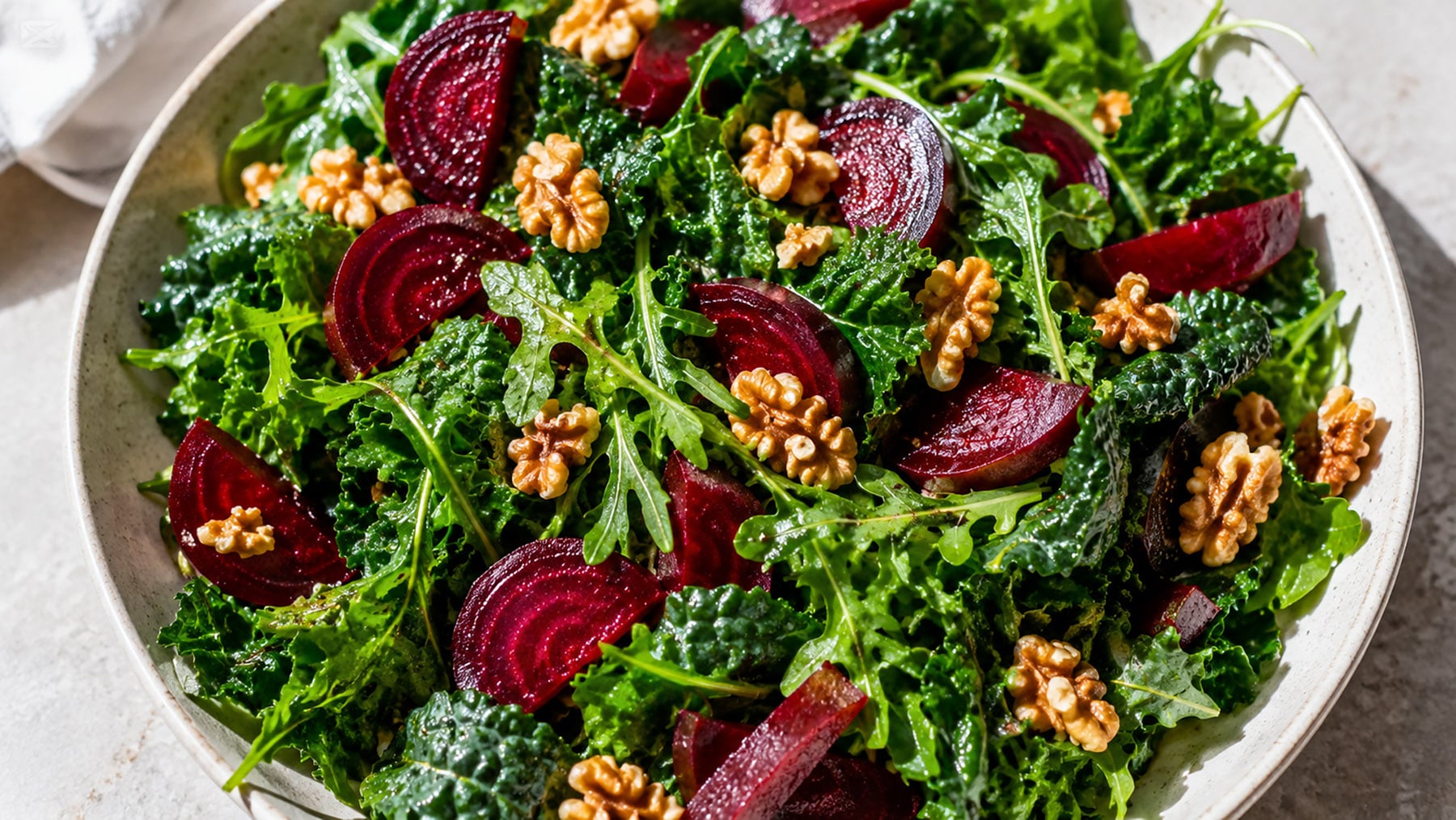 A square overhead photo of a leafy green salad with sliced raw beets and walnuts.