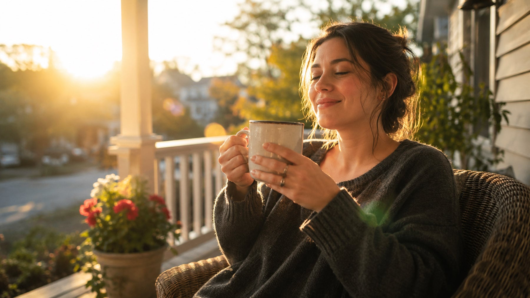 Person relaxing on a porch with a cup of coffee in warm morning sunlight.