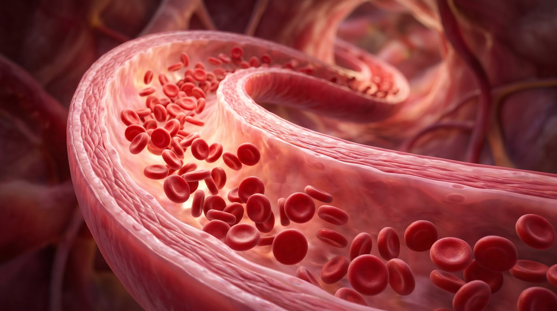Abstract medical illustration of red blood cells flowing smoothly through a healthy artery.