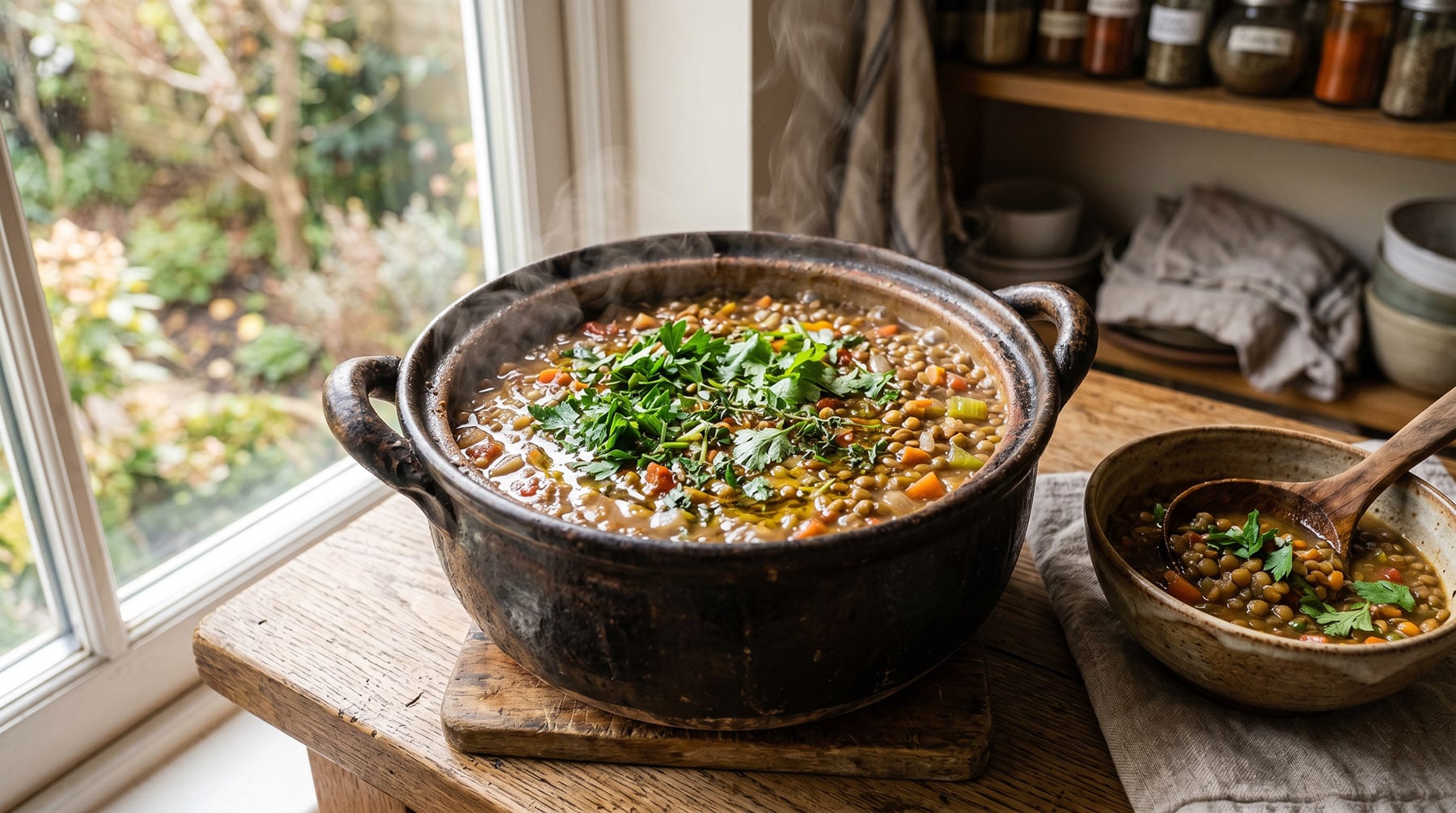 A rustic ceramic pot filled with simmering lentil stew and fresh herbs, sitting on a wooden table next to a window, with a smaller bowl of stew beside it.