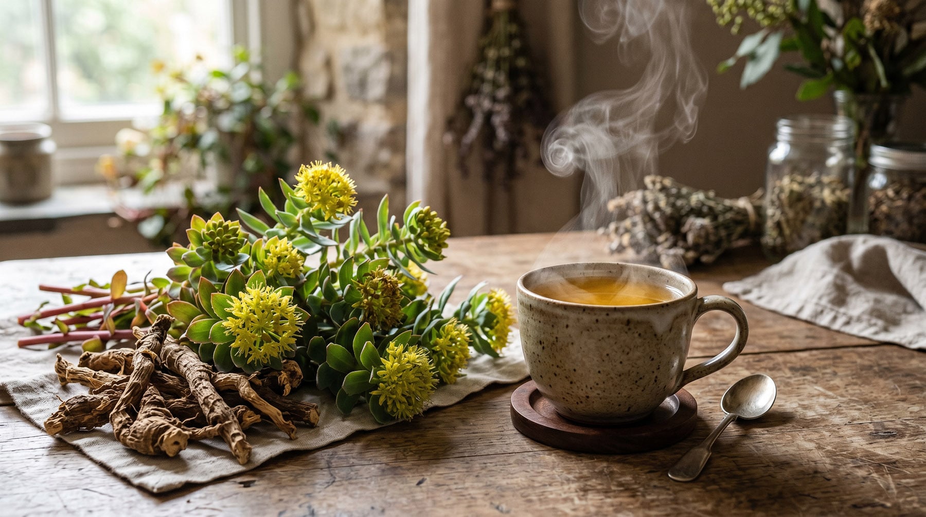 A rustic wooden table holding a steaming ceramic mug of tea, a spoon, a linen cloth with dried roots, and a bunch of green plants with distinct clusters of yellow flowers.