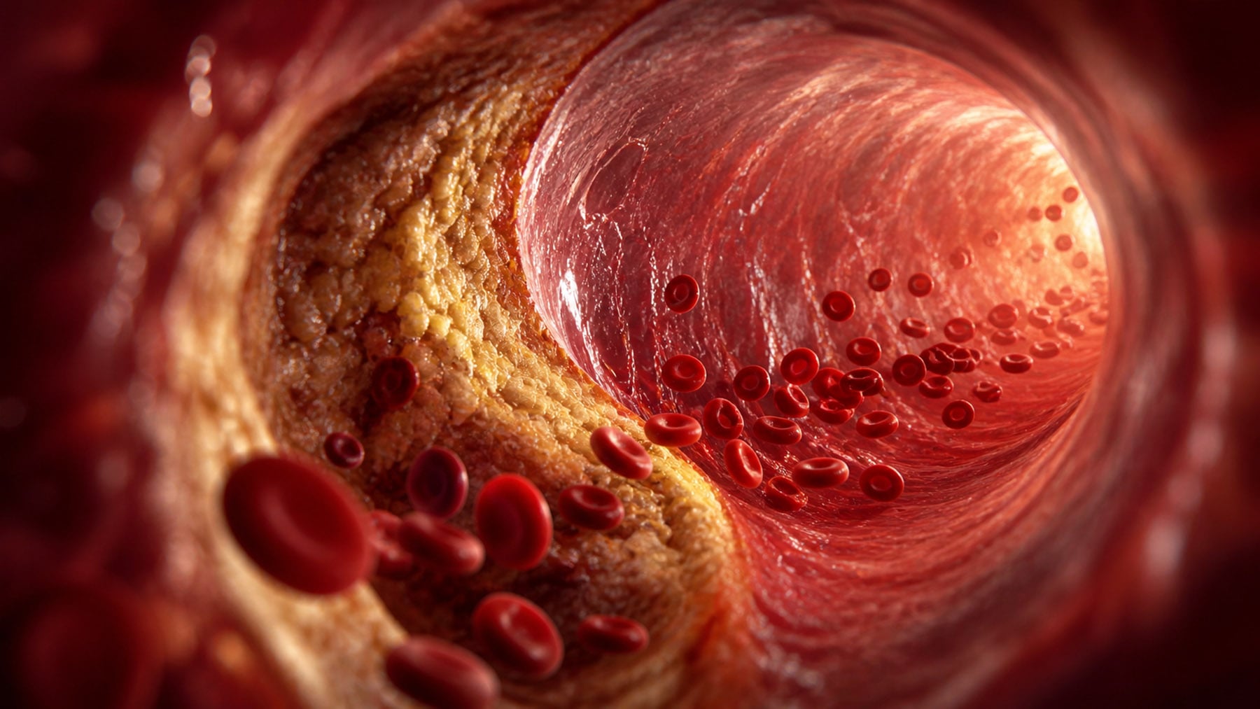 Abstract view inside an artery with plaque narrowing one side and red blood cells flowing through a clearer open channel.