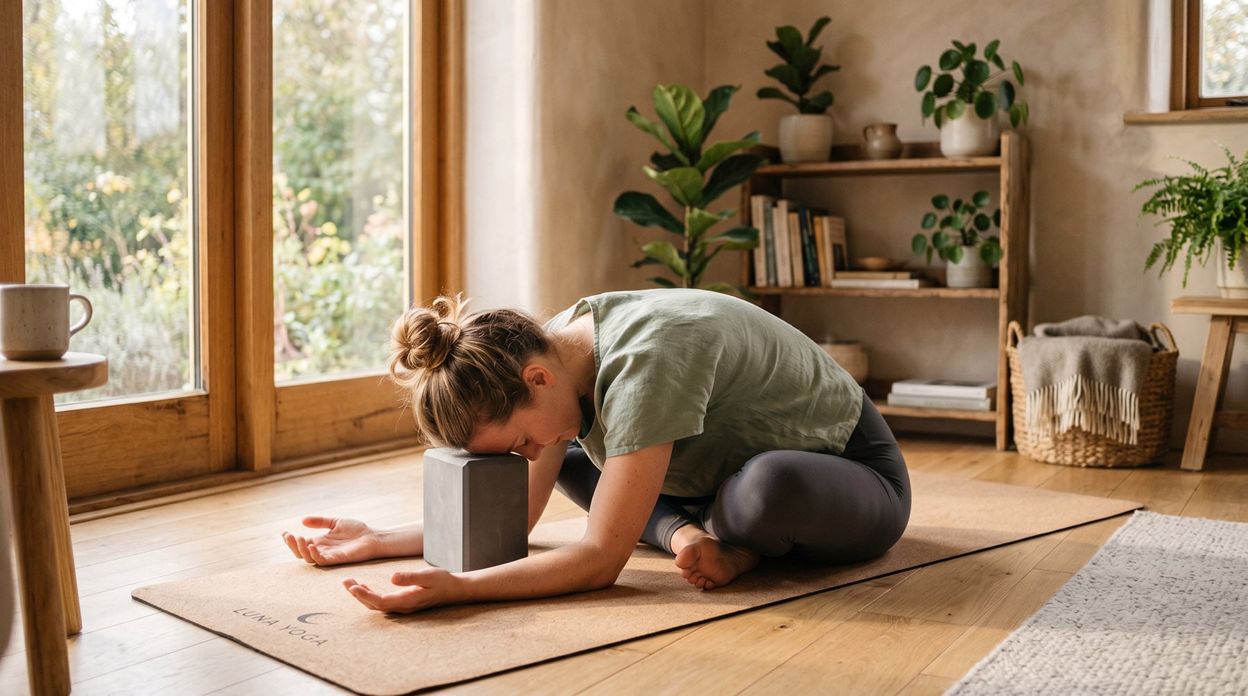 Woman in a seated forward fold yoga pose, resting her forehead on a grey foam block.