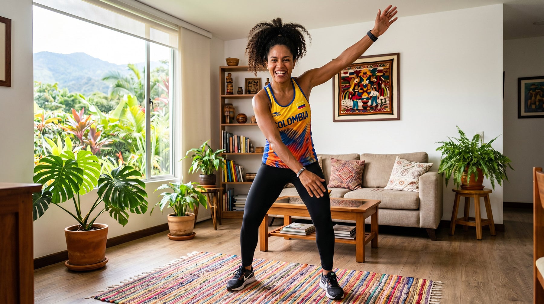 A smiling woman energetically doing standing arm swings in a bright, airy living room.