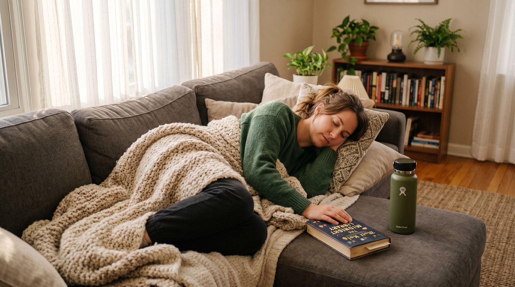 A woman peacefully sleeping on a couch covered by a thick knit blanket, with a book and water bottle resting beside her.