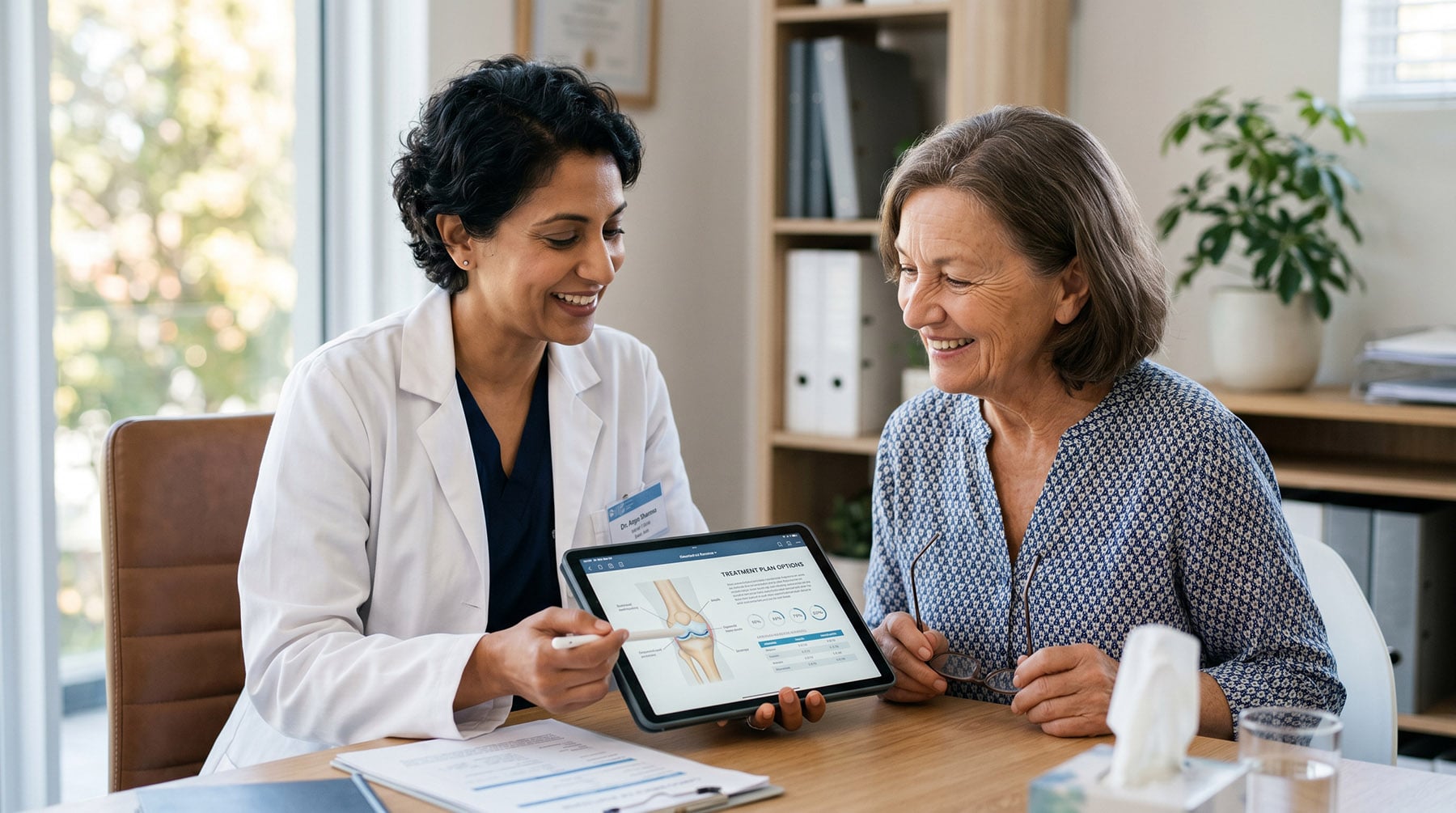 A female doctor uses a stylus to point at a knee anatomy diagram on a tablet as she speaks with a smiling patient.