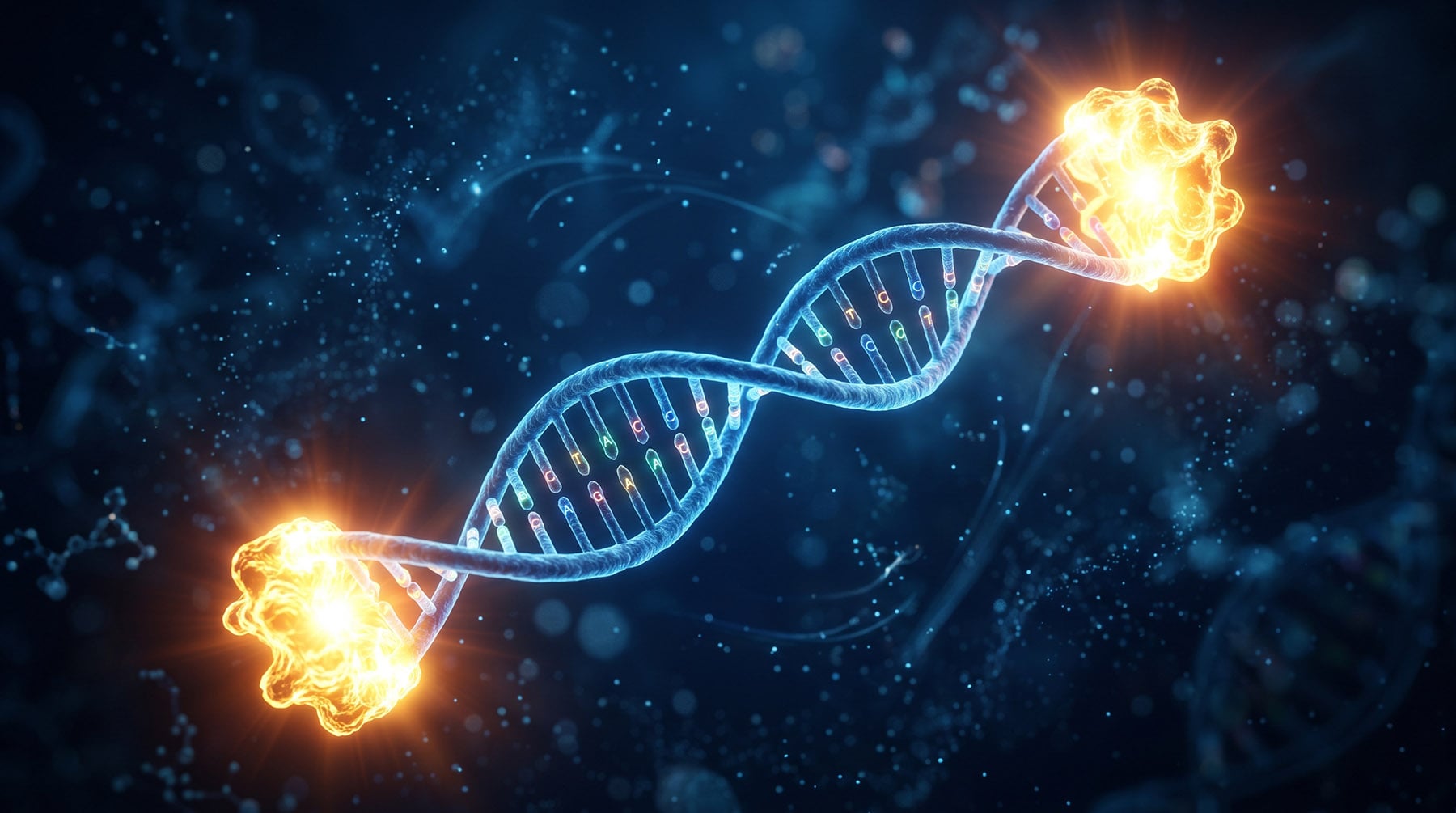 3D visualization of a DNA double helix with intensely glowing, fiery caps on both ends.