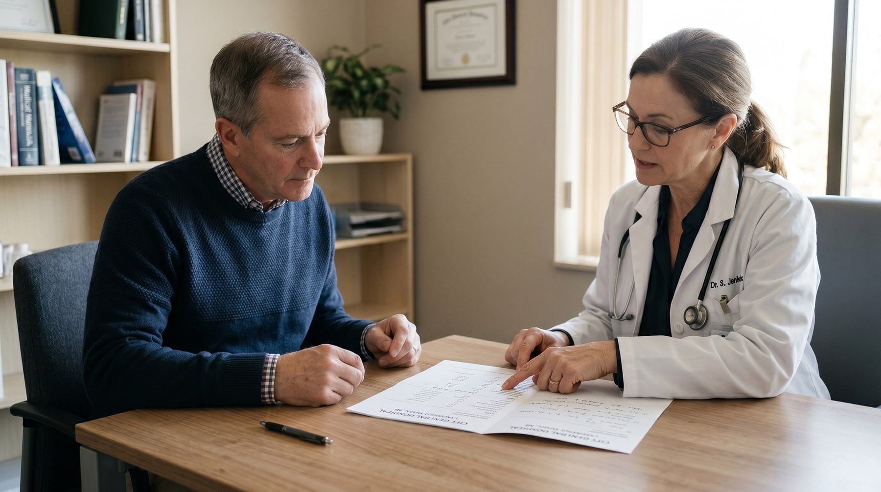 A female doctor and an older male patient reviewing a PSA screening report together at a wooden desk.