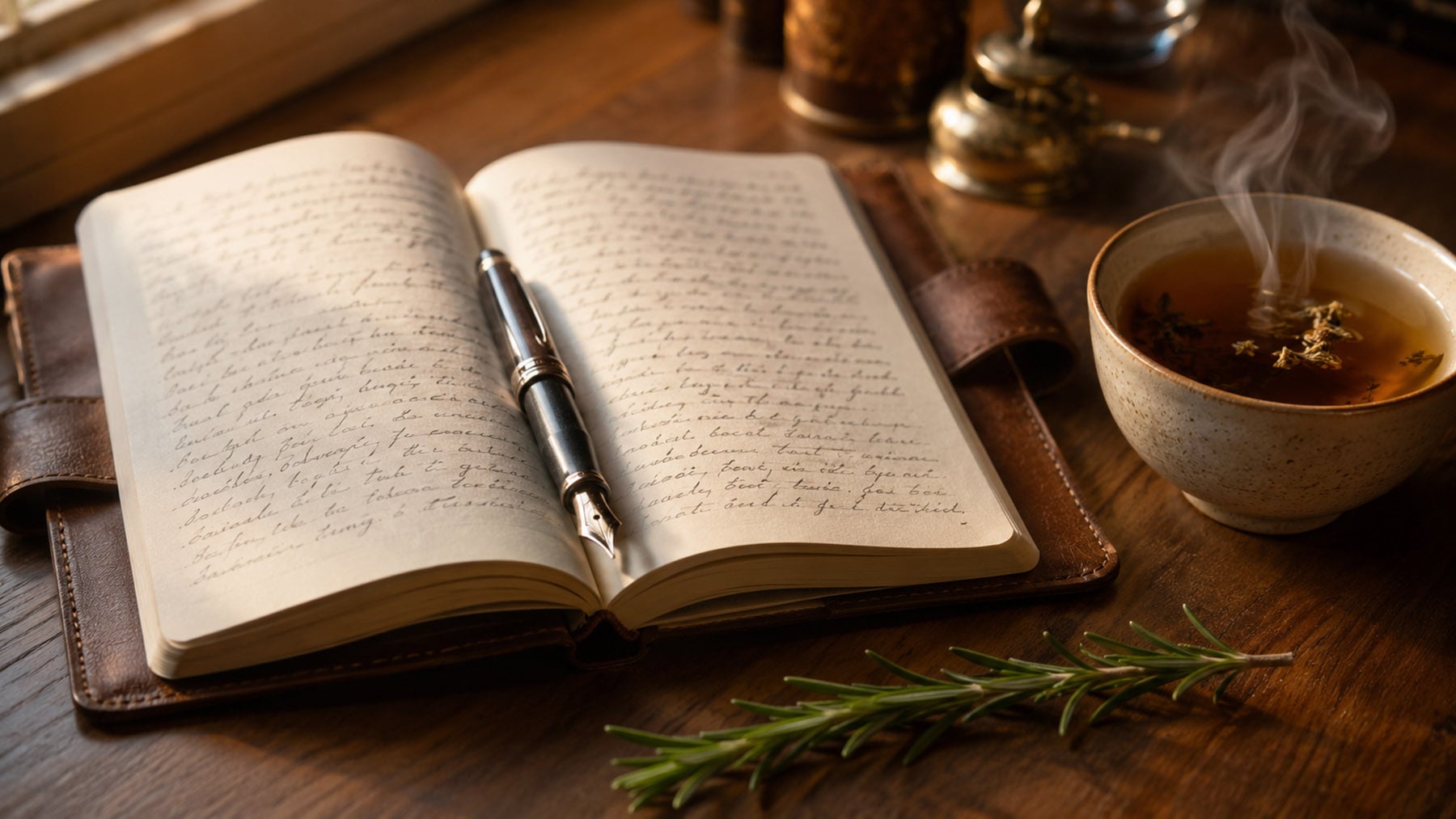 Open journal and fountain pen for expressive writing beside steaming herbal tea and rosemary on a warm wooden desk.