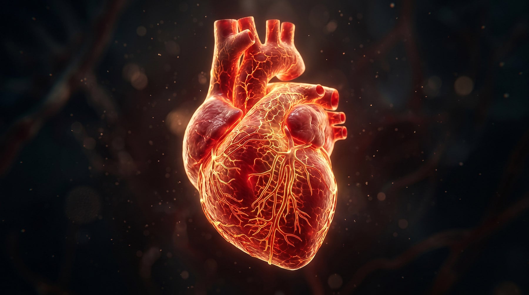 A glowing anatomical heart with intricate, illuminated capillary networks in red and amber tones.
