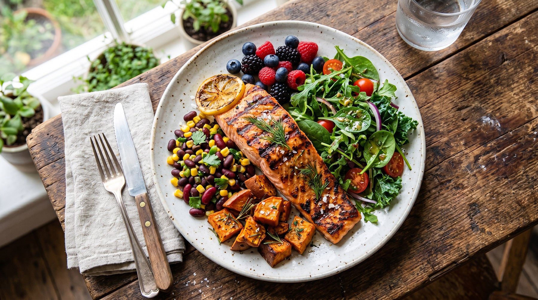 A plate of grilled salmon with roasted sweet potatoes, a bean and corn salad, mixed greens, and fresh berries on a rustic wooden table.