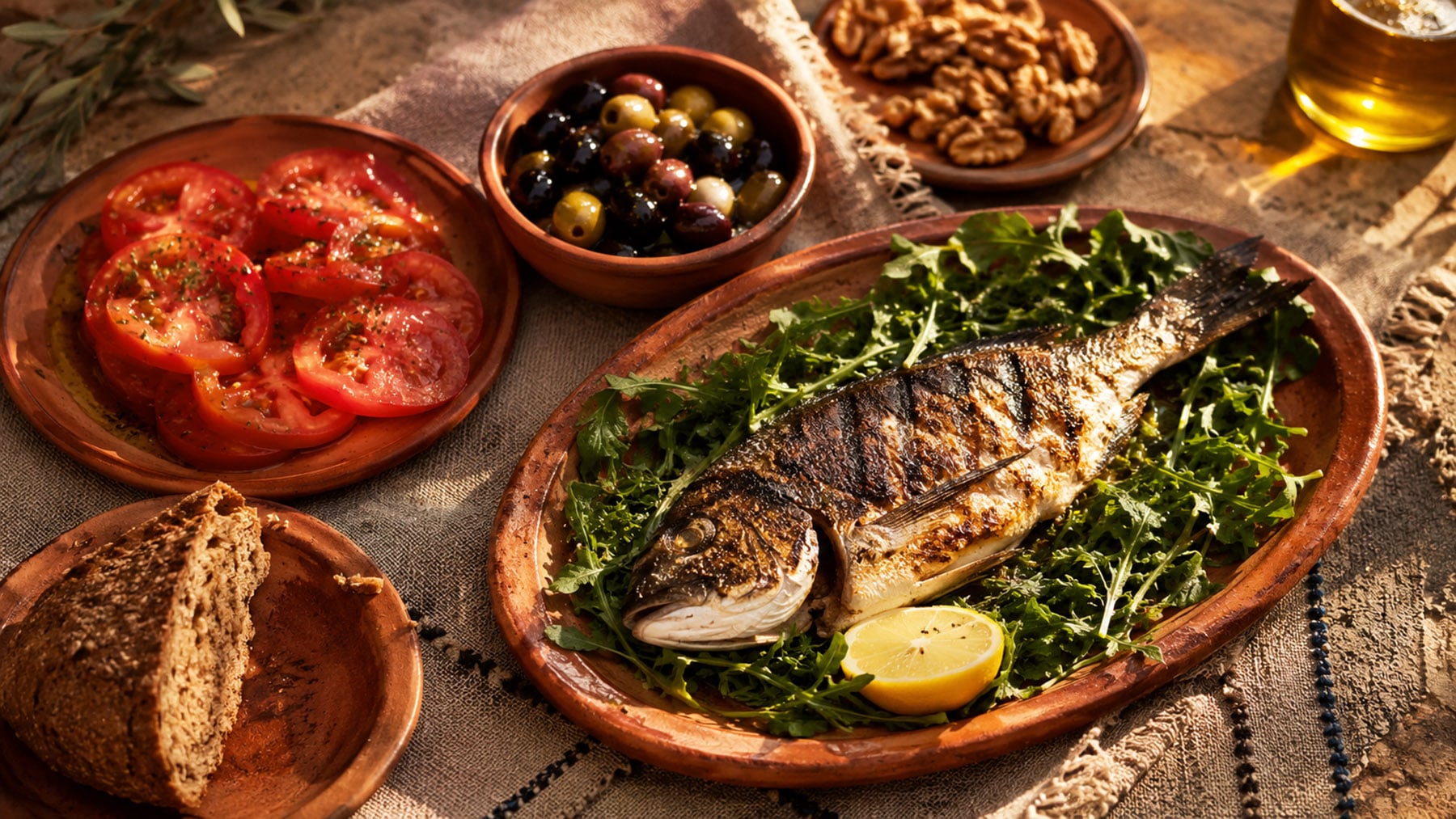 Mediterranean-style meal featuring grilled fish on leafy greens, olives, tomatoes with olive oil, walnuts, and whole grain bread arranged on rustic terracotta dishes, illustrating an ApoE4-friendly dietary pattern rich in healthy fats and whole foods.