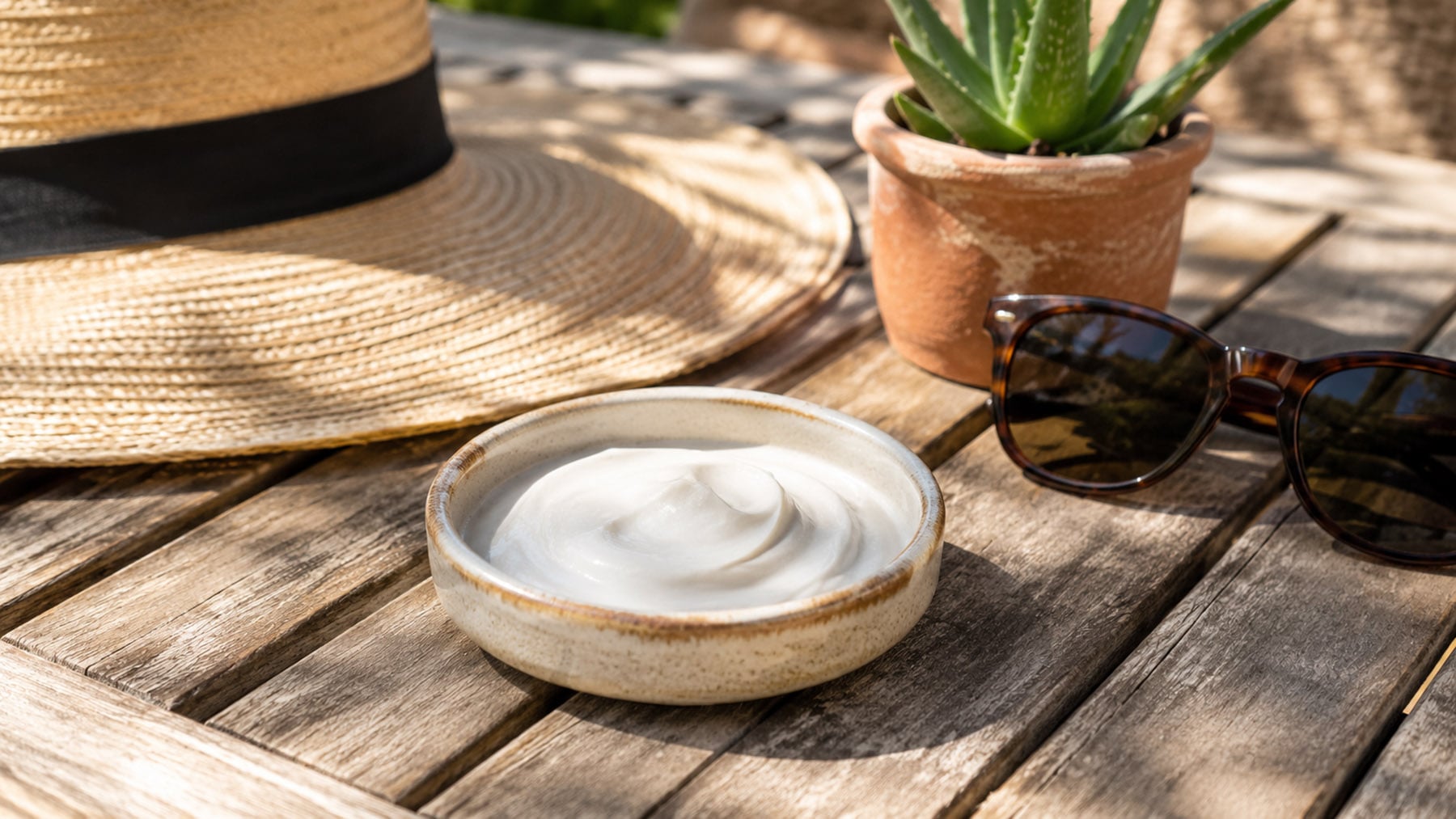 Ceramic dish of mineral sunscreen with sunglasses, straw hat, and potted aloe on a sunlit wooden patio table.