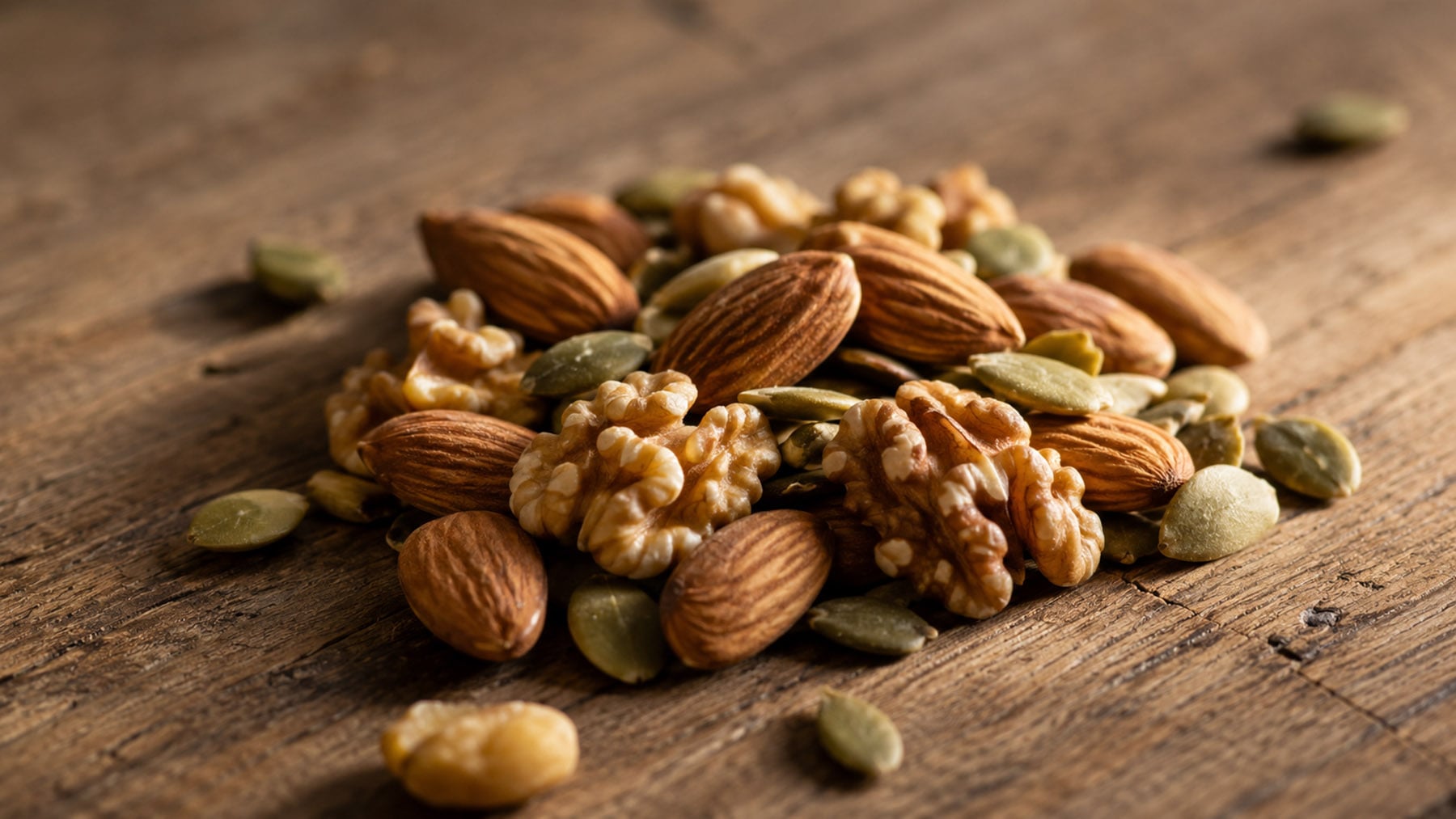 Mixed almonds, walnuts, and pumpkin seeds resting on a rustic wooden table in warm natural light.