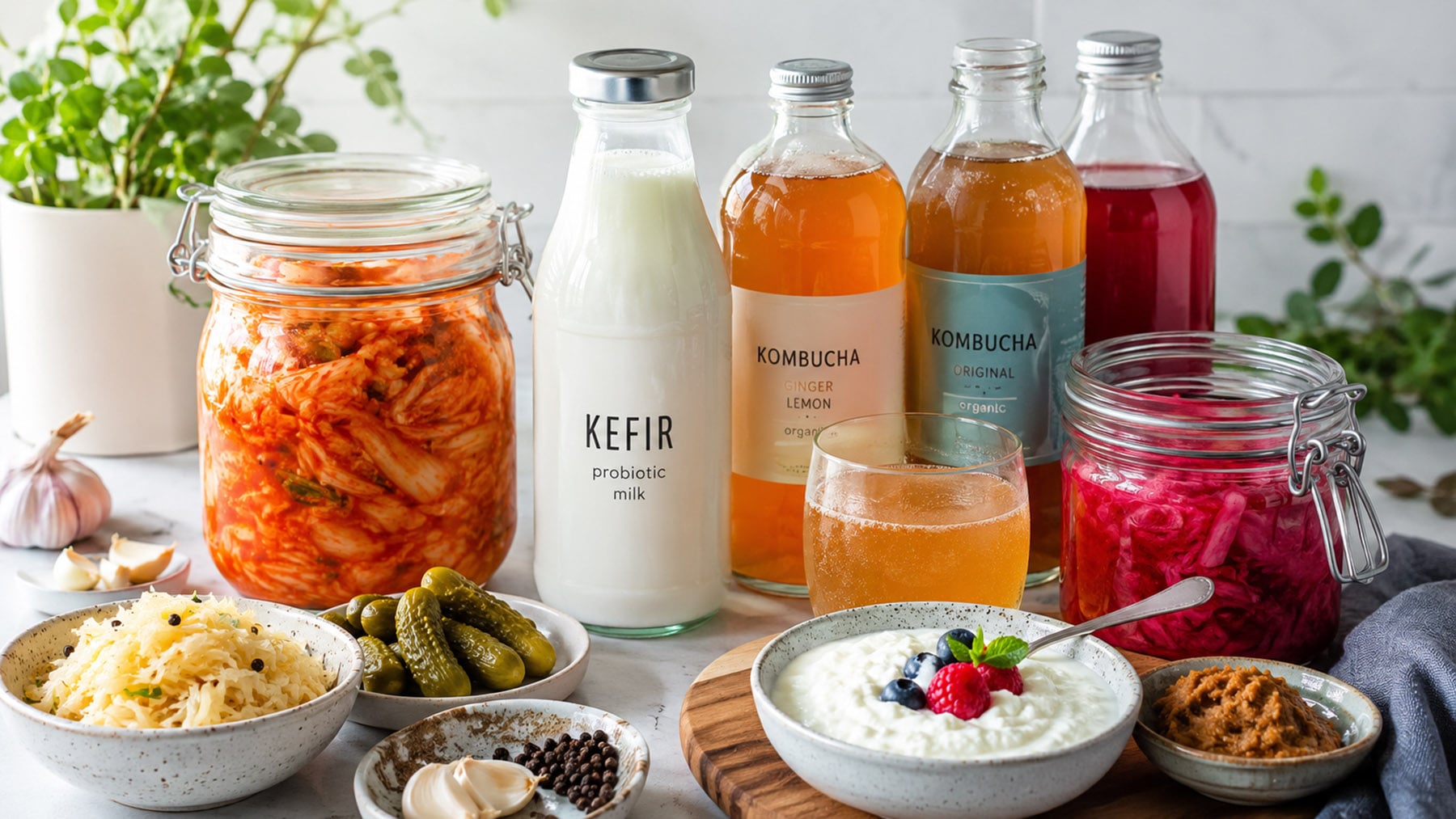 Assorted probiotic foods including kimchi, kefir, kombucha, sauerkraut, yogurt, pickles, and tempeh arranged on a bright kitchen surface.