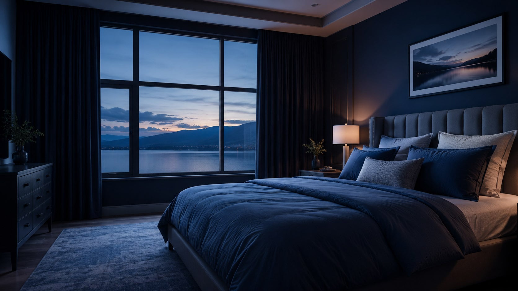 Serene dark-blue bedroom with a neatly made bed, blackout curtains, bedside lamps, and a city view at dusk.