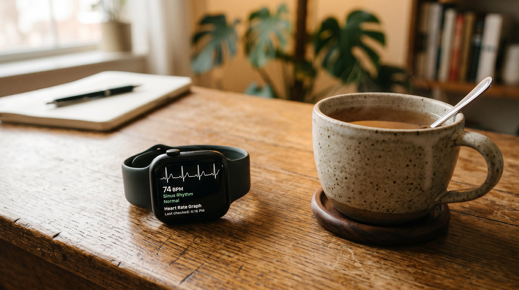 A smartwatch displaying a heart rate graph of 74 BPM resting on a wooden desk next to a ceramic mug of tea.