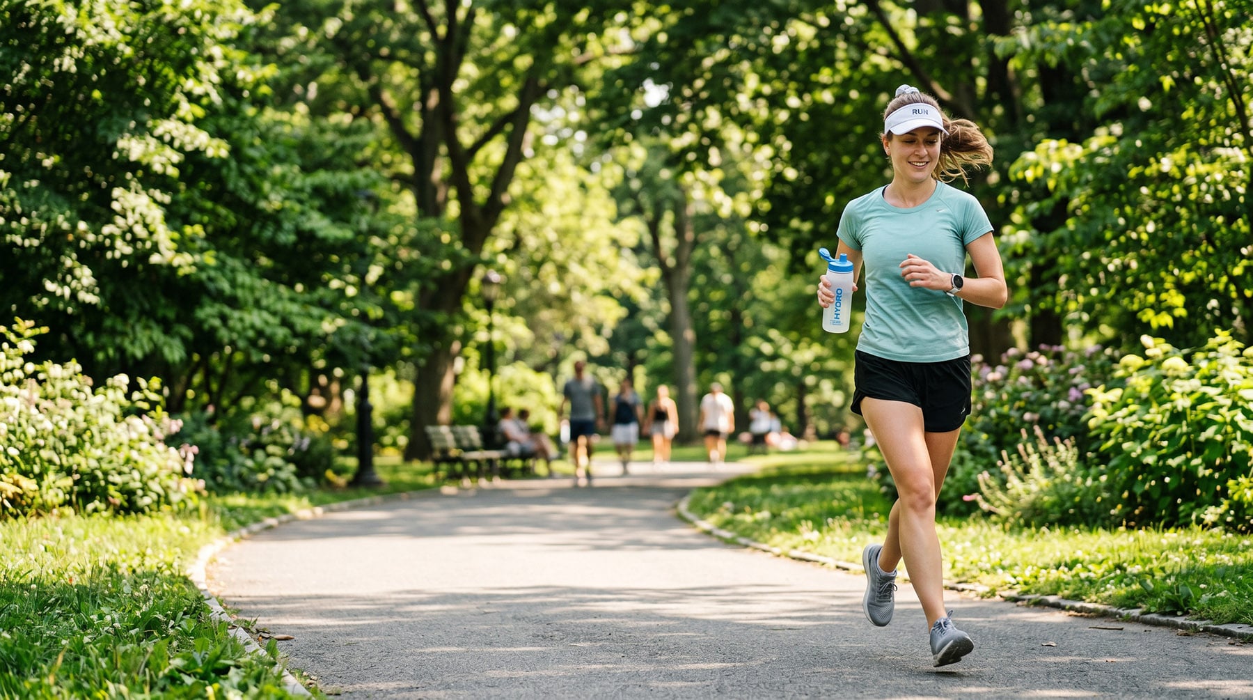 A young woman in athletic clothing jogging on a paved path in a sunny, green park while holding a water bottle.