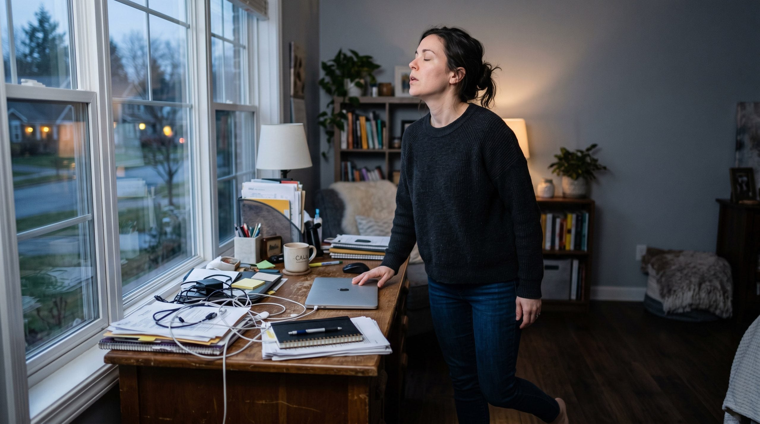 A woman stands beside a cluttered desk near a window, resting her hand on a closed laptop and taking a deep breath with her eyes closed.