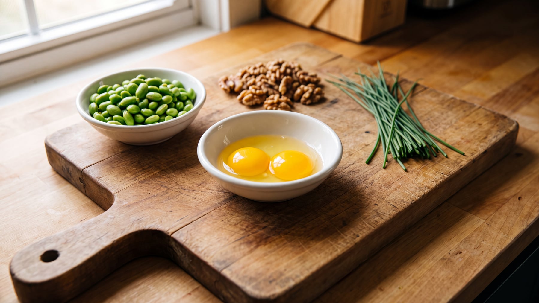 A wooden cutting board with two raw egg yolks in a bowl, a bowl of edamame, walnuts and chives in bright kitchen light — dietary sources of choline for the brain.
